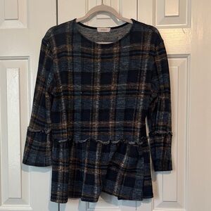 Harlow Women's Blue Plaid Ruffle Hem Top